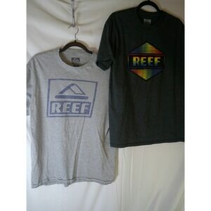 Reef Mens Graphic T-Shirt Lot of 2 Gray Charcoal Rainbow Logo Size L Large